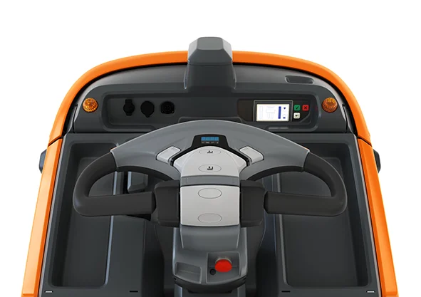 Vista superior do posto de condução Toyota Optio L, com volante, comandos, painel de controlo e visor digital