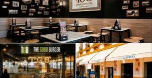 Colagem de restaurantes: interior do 100 Montaditos e fachadas do TGB The Good Burger e da Cervecería La Sureña