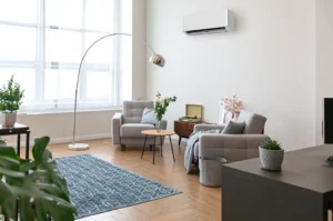 Sala de estar luminosa com dois sofás, mesa de centro, plantas, tapete e ar condicionado