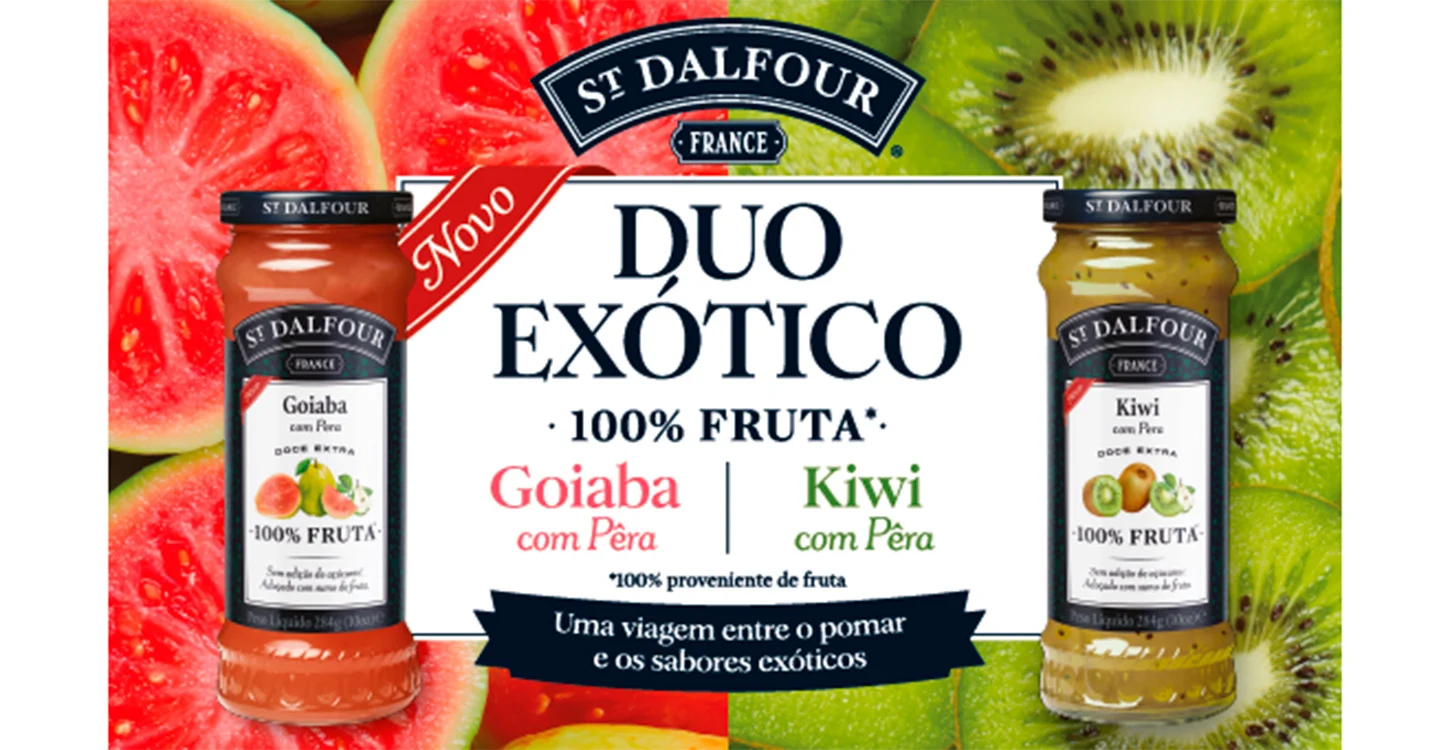 Anúncio St. Dalfour Duo Exótico: compotas de goiaba com pera e kiwi com pera, 100% fruta