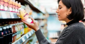 Mulher examina uma embalagem de bebida numa prateleira de supermercado