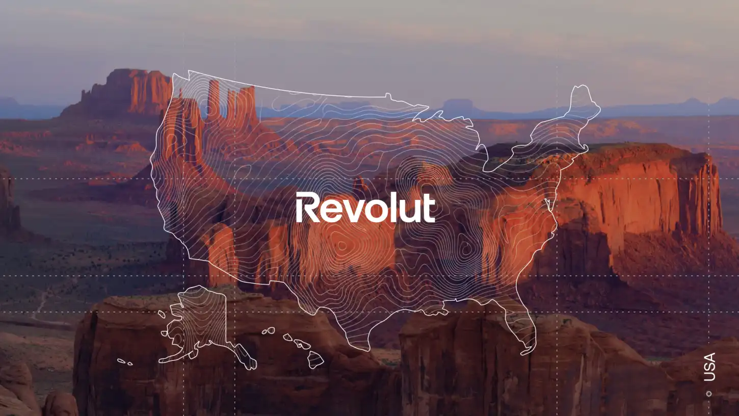 Mapa dos Estados Unidos com o logótipo Revolut e a indicação «USA»
