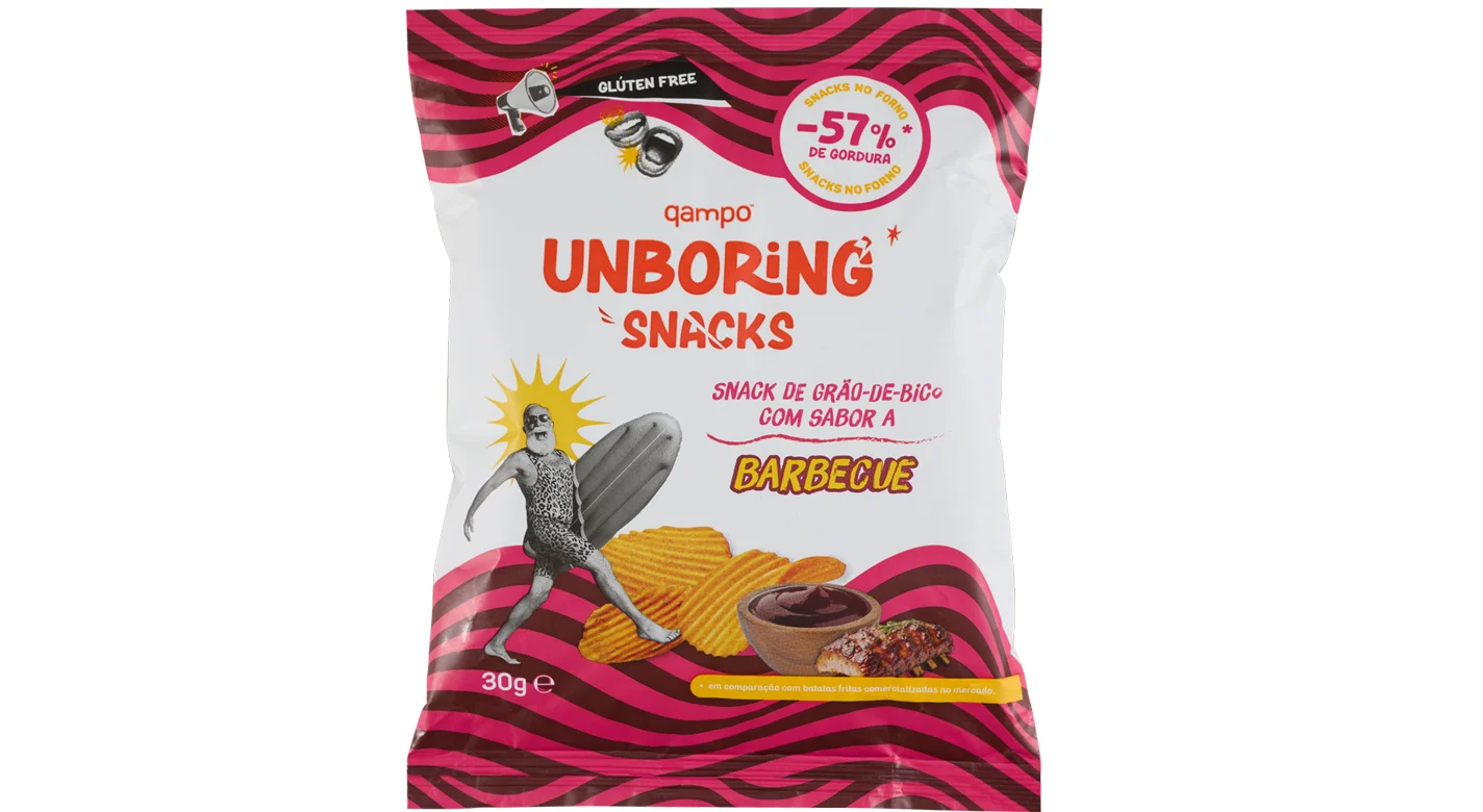 Embalagem de snacks de grão-de-bico com sabor a barbecue, sem glúten, 30 g e 57% menos gordura