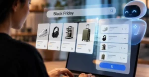 Pessoa a fazer compras online na Black Friday, com produtos e um assistente robótico apresentados no ecrã