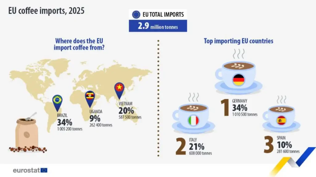 Infografia sobre as importações de café da UE em 2025: 2,9 milhões de toneladas; Brasil lidera as origens e a Alemanha os importadores