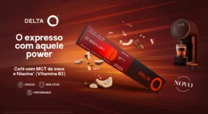 Anúncio Delta Q: café expresso com MCT de coco e niacina (vitamina B3), para energia, bem-estar e performance