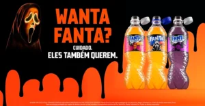 Publicidade da Fanta com Ghostface e três garrafas; texto: WANTA FANTA? CUIDADO. ELES TAMBÉM QUEREM