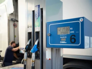 Bomba de combustível com mangueiras de gasóleo e HVO100, junto a um camião