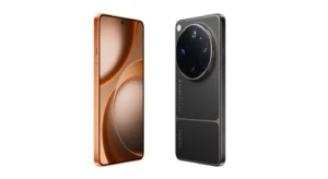Smartphone OPPO visto de frente e de trás, com acabamento laranja e preto e câmara circular Hasselblad