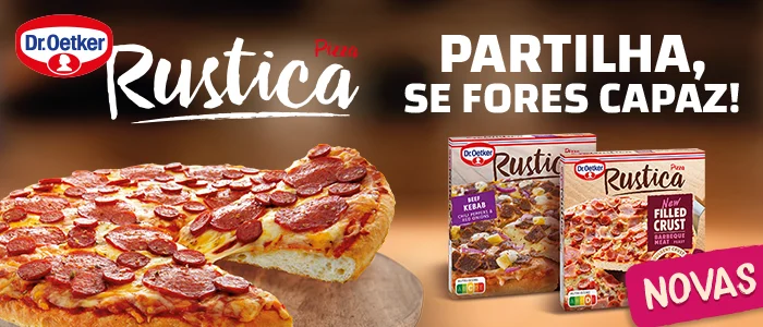 Publicidade às novas pizzas Rústica da Dr. Oetker, com uma pizza de pepperoni e duas embalagens