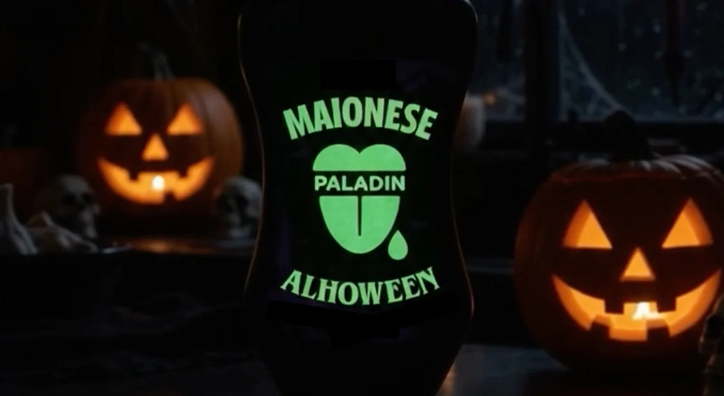 Embalagem preta de maionese Paladin “Alhoween”, entre duas abóboras de Halloween iluminadas