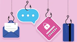 Ilustração sobre phishing e cibersegurança, com e-mail, mensagem, palavra-passe protegida e telemóvel fisgados