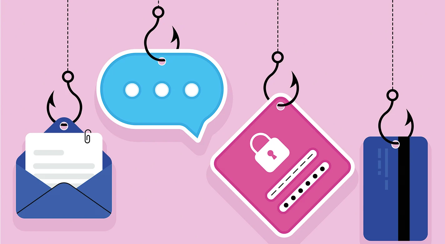 Ilustração sobre phishing e cibersegurança, com e-mail, mensagem, palavra-passe protegida e telemóvel fisgados