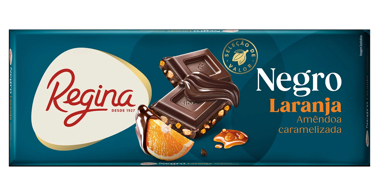 Embalagem de chocolate Regina Negro Laranja com amêndoa caramelizada