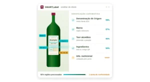 Interface SMARTLabel analisa um rótulo de vinho, com 92% das regiões processadas e um alerta na informação nutricional