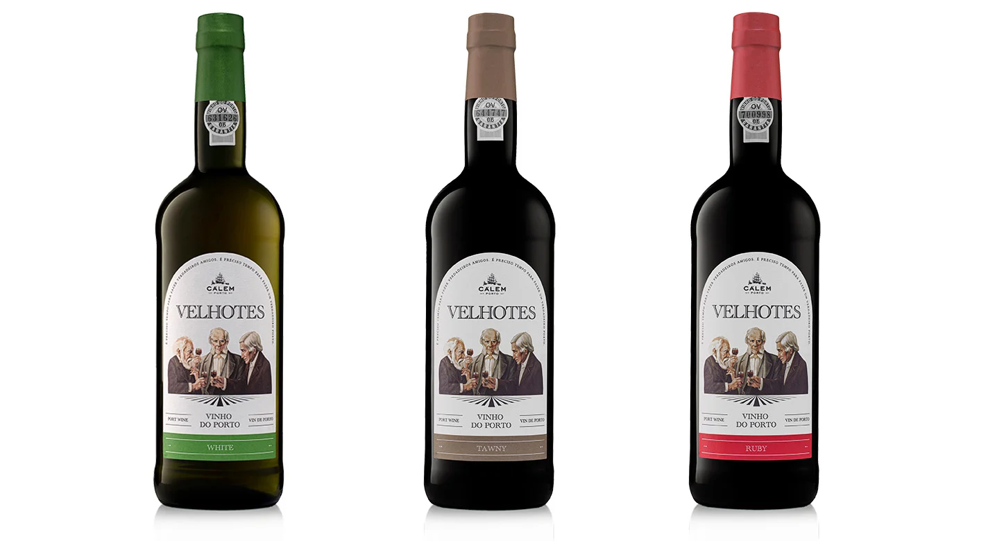Três garrafas de vinho do Porto Velhotes: White, Tawny e Ruby