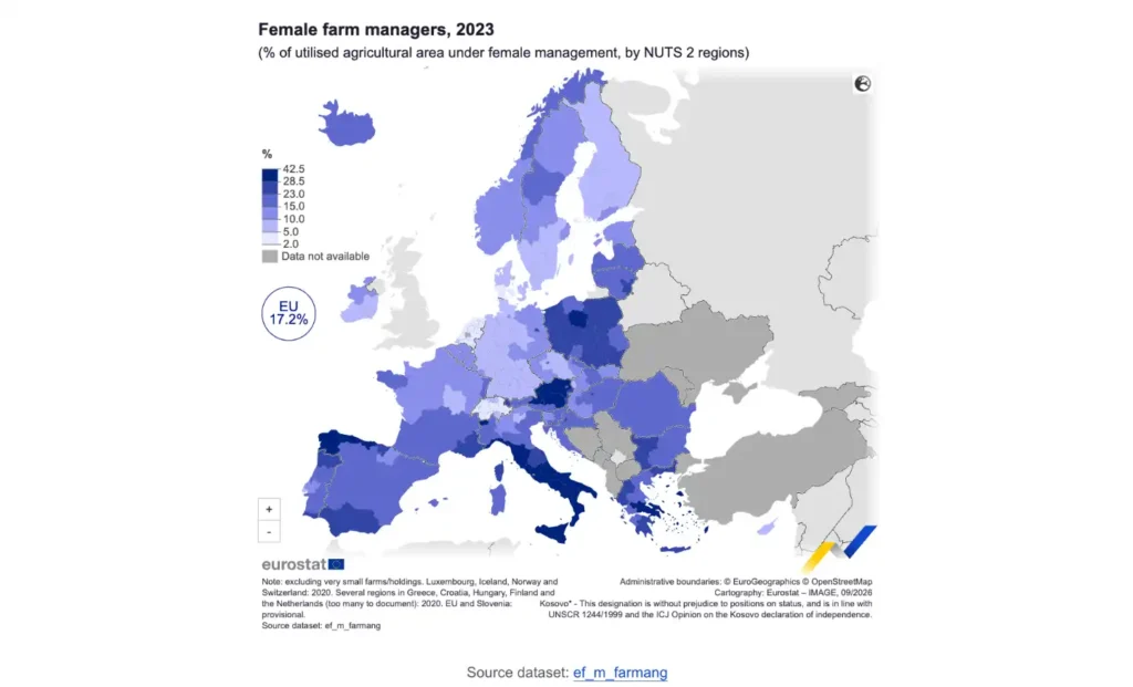 Mapa da percentagem de mulheres gestoras de explorações agrícolas em 2023, por região NUTS 2; média da UE: 17,2%