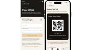 Dois ecrãs da app CIRCLE: ativação por contrato e código, e passe com código QR para usar benefícios