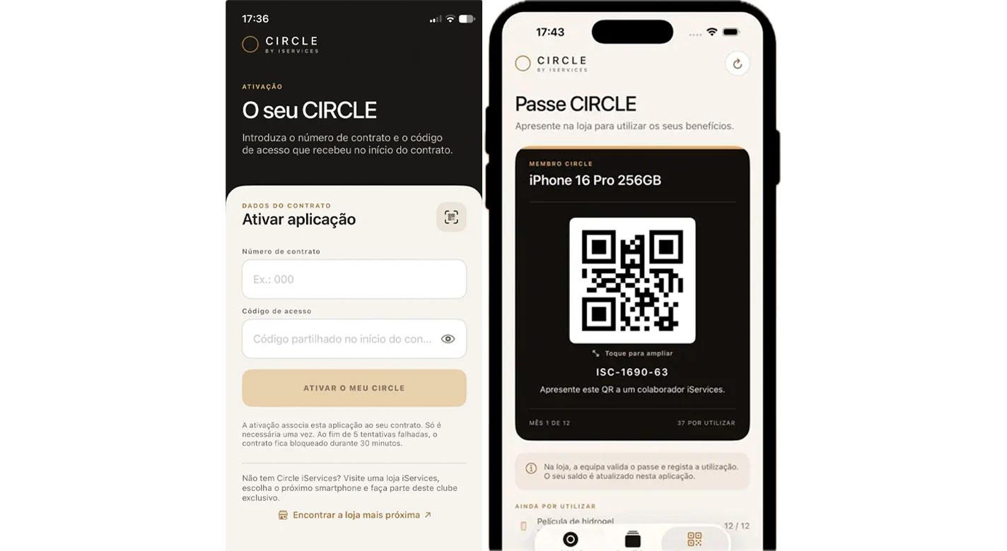 Dois ecrãs da app CIRCLE: ativação por contrato e código, e passe com código QR para usar benefícios