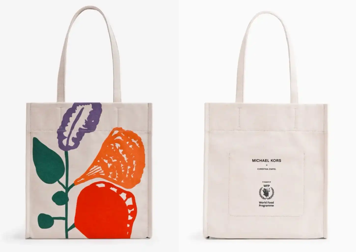 Saco de compras de lona branca com ilustração floral colorida; no verso, texto Michael Kors e World Food Programme