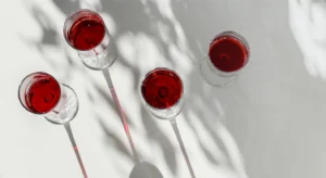 Quatro copos com vinho tinto sobre uma superfície branca, iluminados por sombras de folhas